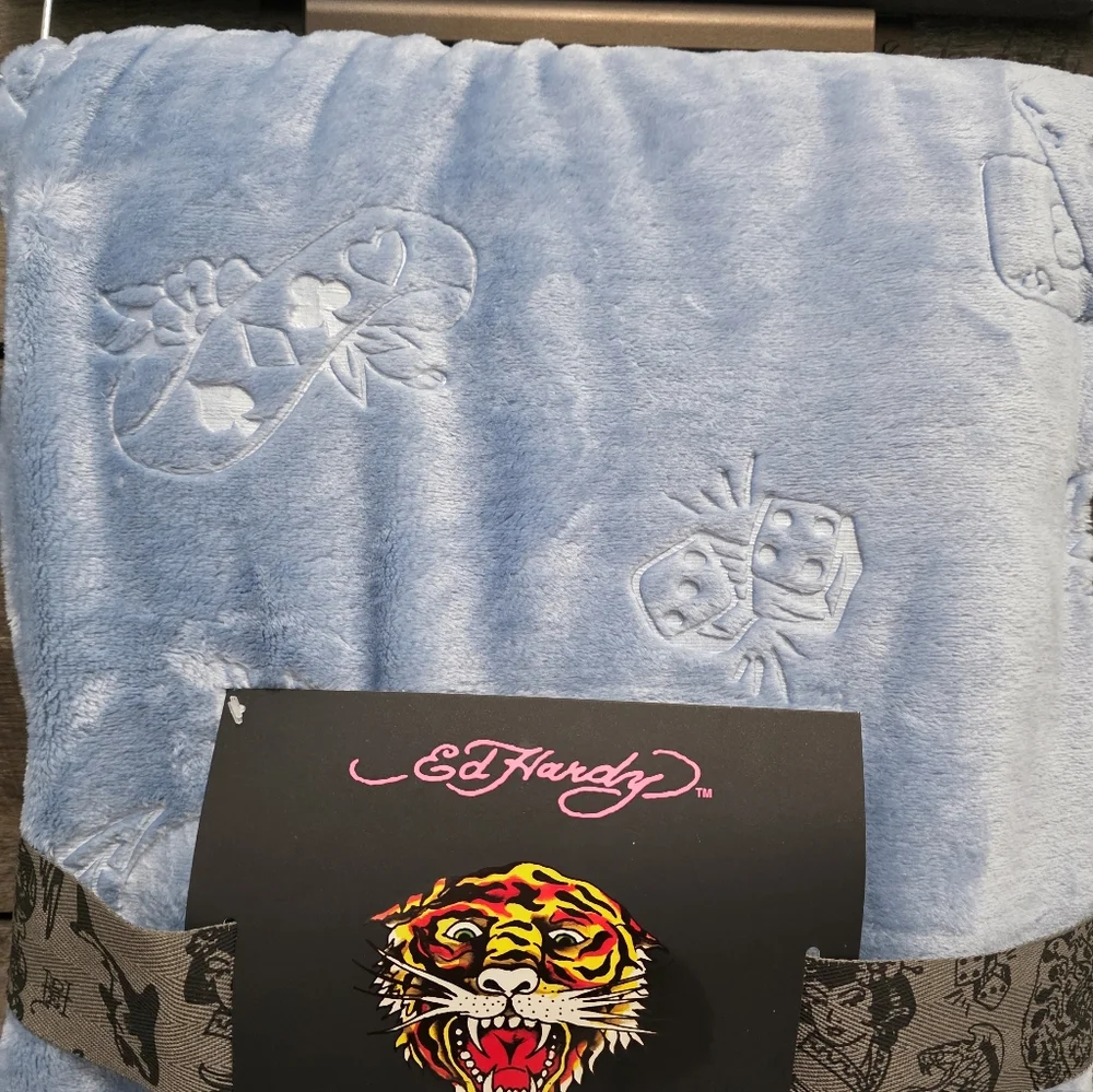 Ed Hardy Blue Embrosed Throw Blanket